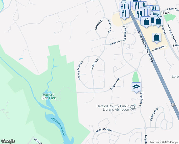 map of restaurants, bars, coffee shops, grocery stores, and more near 2224 Deadora Road in Bel Air