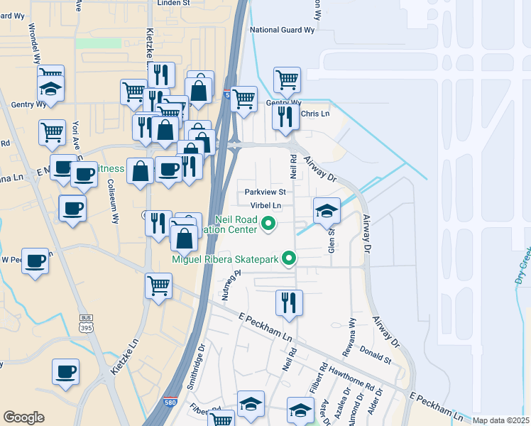 map of restaurants, bars, coffee shops, grocery stores, and more near 1120 Parkview Street in Reno
