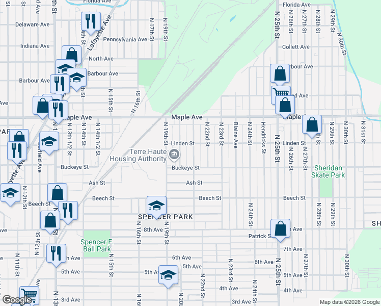 map of restaurants, bars, coffee shops, grocery stores, and more near 2000-2098 Linden Street in Terre Haute