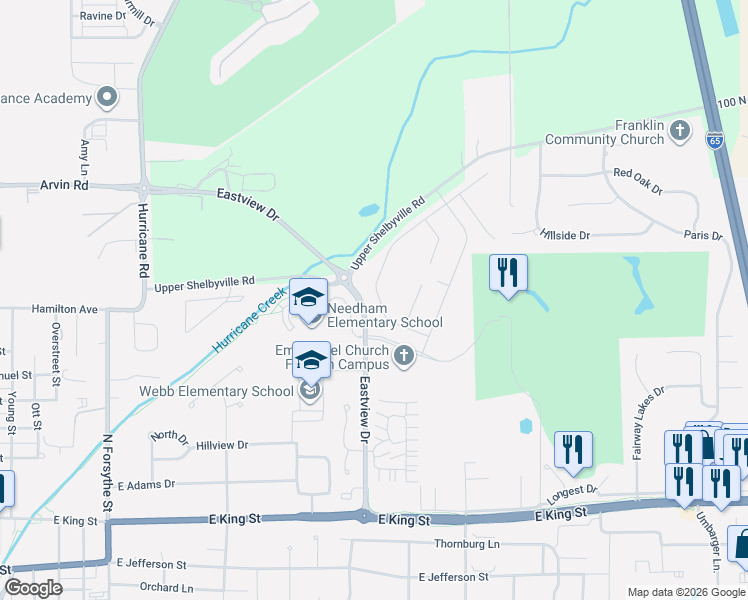 map of restaurants, bars, coffee shops, grocery stores, and more near 3504-3514 Eastview Drive in Franklin