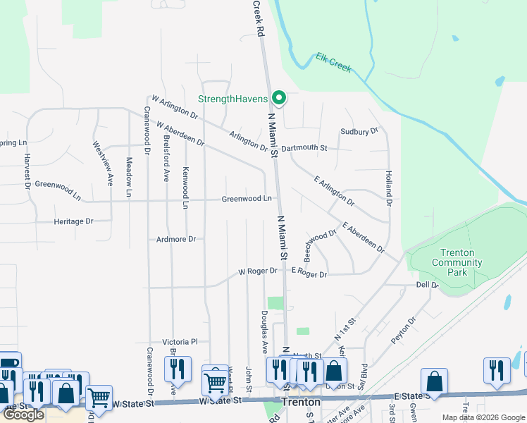 map of restaurants, bars, coffee shops, grocery stores, and more near 422 Douglas Avenue in Trenton
