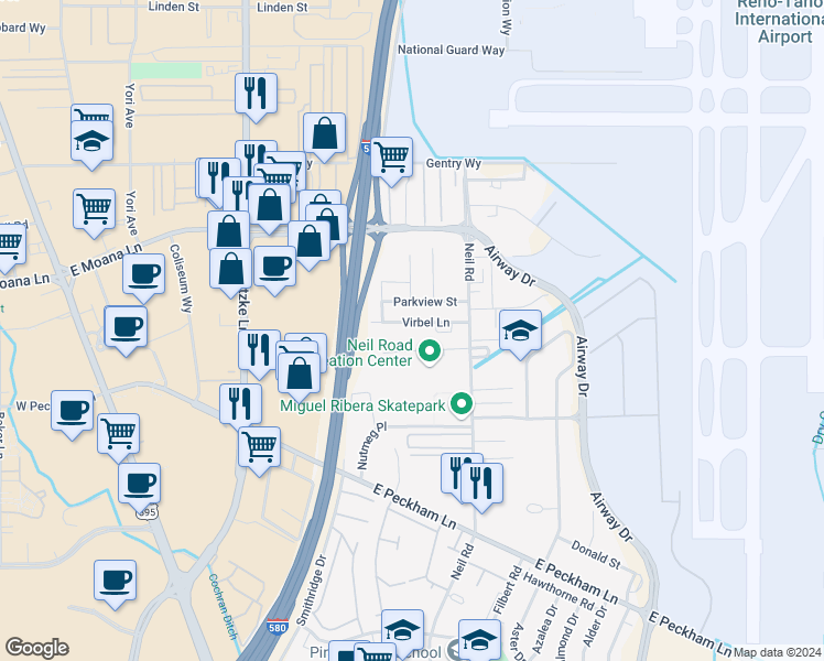 map of restaurants, bars, coffee shops, grocery stores, and more near 1052 Virbel Lane in Reno
