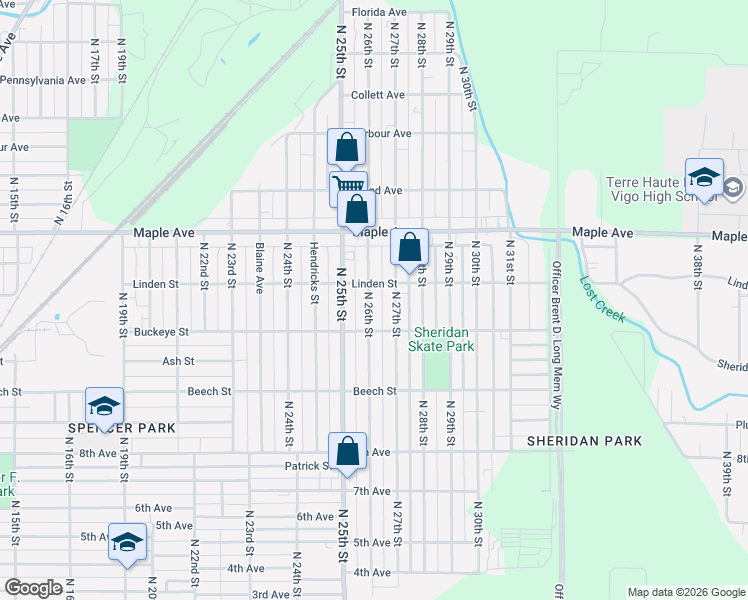 map of restaurants, bars, coffee shops, grocery stores, and more near 2039 North 26th Street in Terre Haute