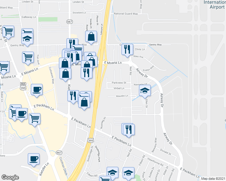 map of restaurants, bars, coffee shops, grocery stores, and more near 1120 Parkview Street in Reno