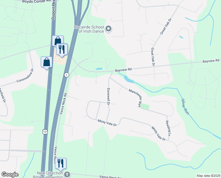 map of restaurants, bars, coffee shops, grocery stores, and more near 8 Dunswell Drive in Middletown