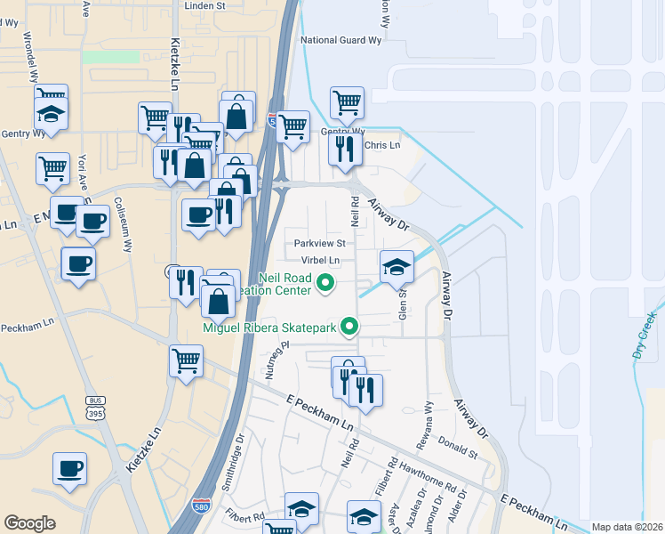 map of restaurants, bars, coffee shops, grocery stores, and more near 1260 Parkview Street in Reno