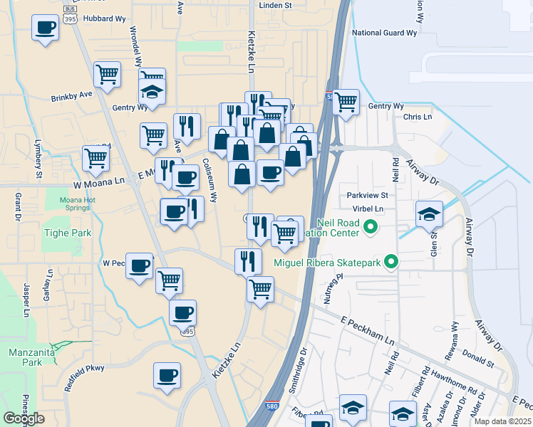 map of restaurants, bars, coffee shops, grocery stores, and more near 3400-3598 Kietzke Lane in Reno