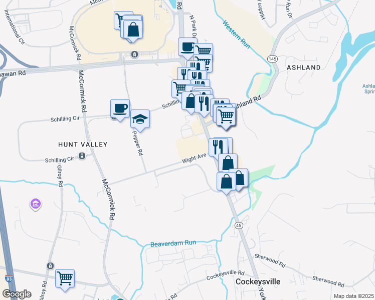 map of restaurants, bars, coffee shops, grocery stores, and more near 20 Wight Avenue in Cockeysville