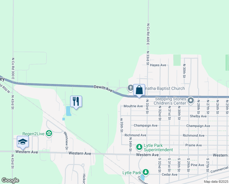 map of restaurants, bars, coffee shops, grocery stores, and more near 3600 Dewitt Avenue in Mattoon