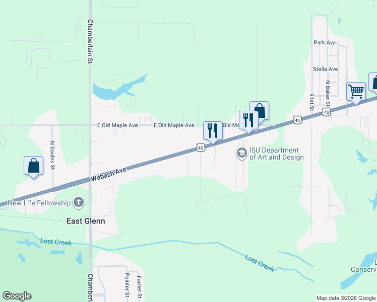 map of restaurants, bars, coffee shops, grocery stores, and more near 8388 Wabash Avenue in Terre Haute