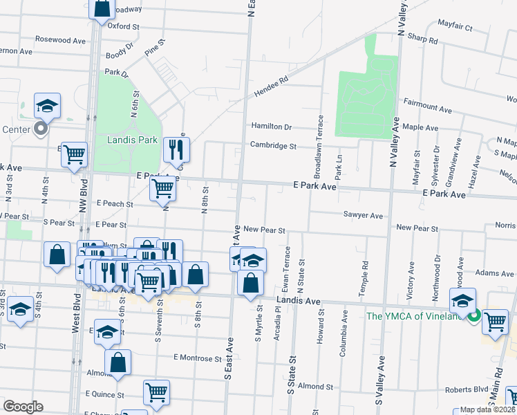 map of restaurants, bars, coffee shops, grocery stores, and more near 62 North Myrtle Street in Vineland