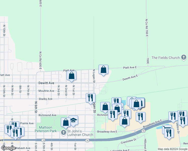 map of restaurants, bars, coffee shops, grocery stores, and more near 723 N Logan St in Mattoon
