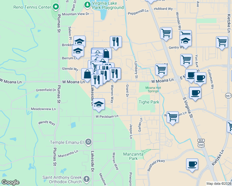 map of restaurants, bars, coffee shops, grocery stores, and more near 3640 Warren Way in Reno