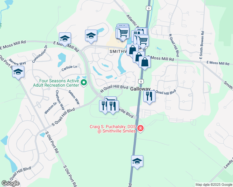 map of restaurants, bars, coffee shops, grocery stores, and more near 50 Steeds Street in Galloway