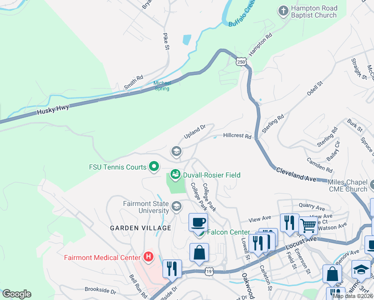 map of restaurants, bars, coffee shops, grocery stores, and more near 1305 Hillcrest Rd in Fairmont
