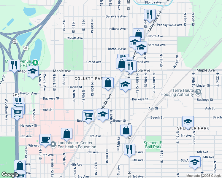 map of restaurants, bars, coffee shops, grocery stores, and more near 2023 North 12th Street in Terre Haute