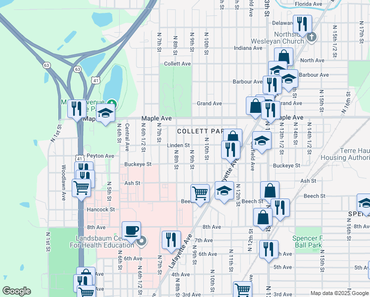 map of restaurants, bars, coffee shops, grocery stores, and more near 855 Linden Street in Terre Haute