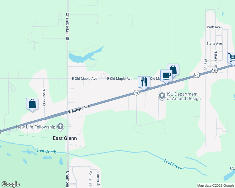 map of restaurants, bars, coffee shops, grocery stores, and more near 8388 Wabash Avenue in Terre Haute
