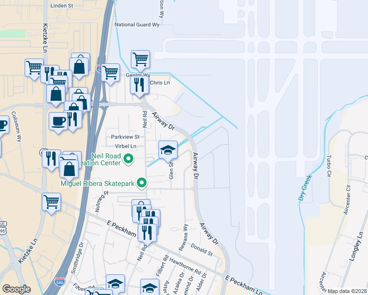 map of restaurants, bars, coffee shops, grocery stores, and more near 3815 Glen Street in Reno