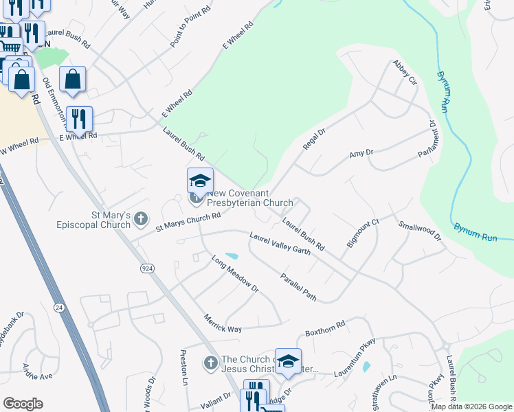 map of restaurants, bars, coffee shops, grocery stores, and more near 2500 Kenna Court in Abingdon