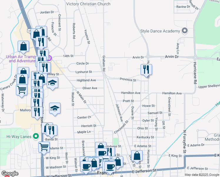 map of restaurants, bars, coffee shops, grocery stores, and more near 862 Johnson Avenue in Franklin