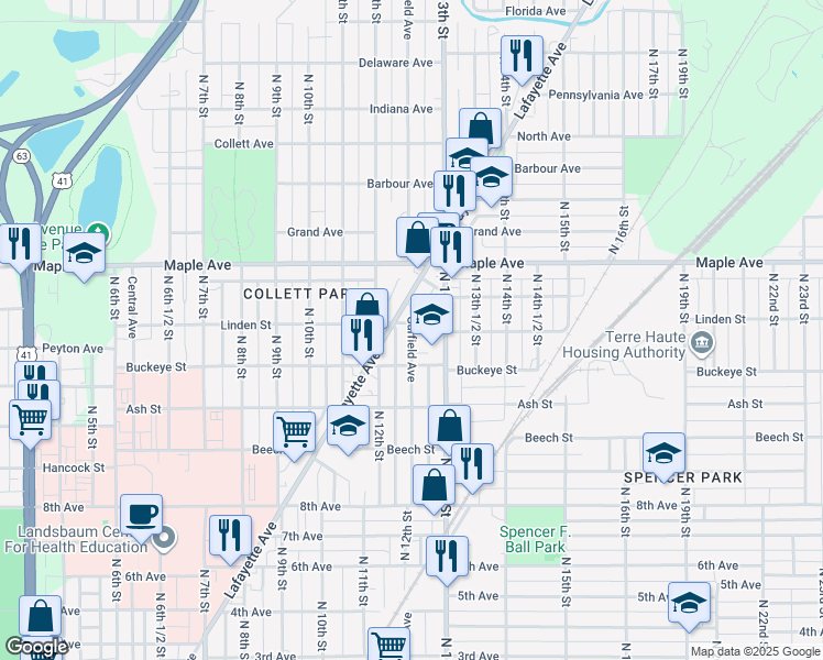 map of restaurants, bars, coffee shops, grocery stores, and more near 1244 Linden Street in Terre Haute