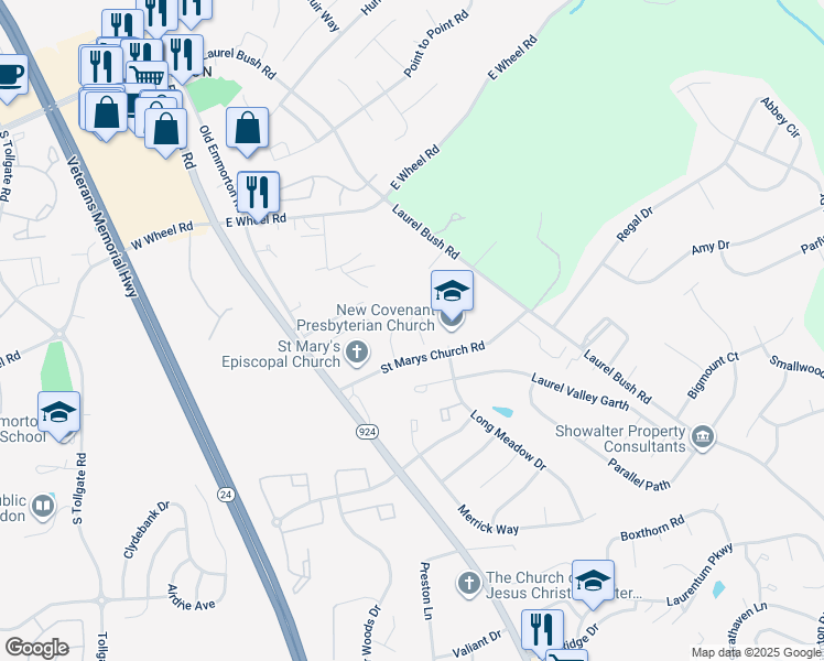 map of restaurants, bars, coffee shops, grocery stores, and more near 2411 Grand Oaks Court in Abingdon