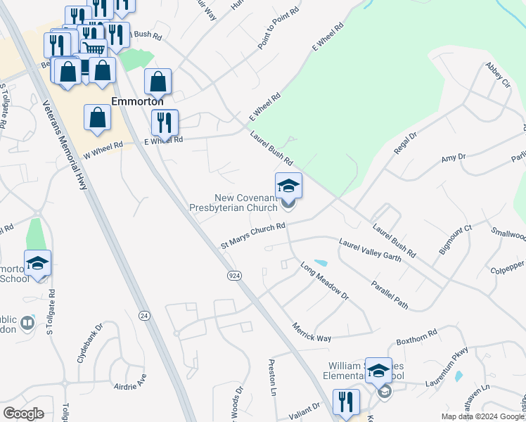 map of restaurants, bars, coffee shops, grocery stores, and more near 2411 Grand Oaks Court in Abingdon