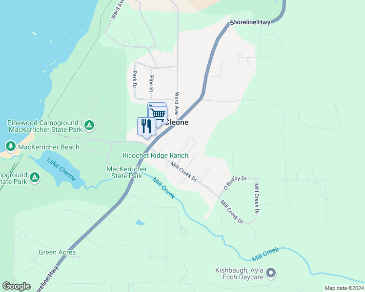 map of restaurants, bars, coffee shops, grocery stores, and more near 32850 Mill Creek Drive in Fort Bragg