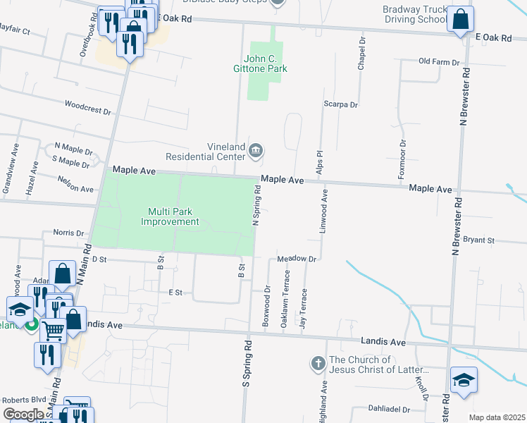 map of restaurants, bars, coffee shops, grocery stores, and more near 397 North Spring Road in Vineland
