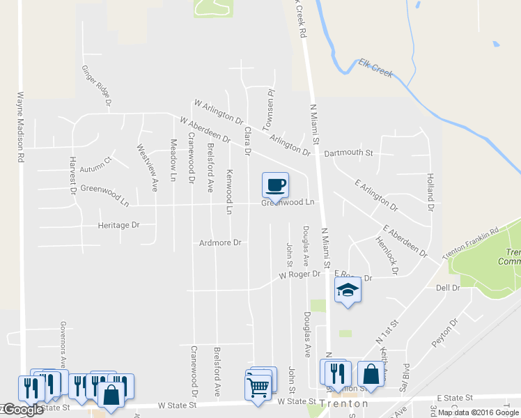 map of restaurants, bars, coffee shops, grocery stores, and more near 333 Greenwood Lane in Trenton