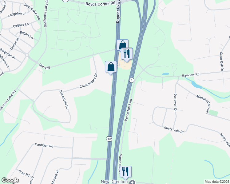 map of restaurants, bars, coffee shops, grocery stores, and more near 2518 Dupont Parkway in Middletown