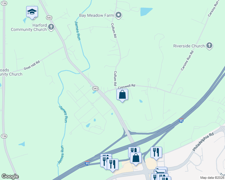 map of restaurants, bars, coffee shops, grocery stores, and more near 2756 Creswell Road in Bel Air