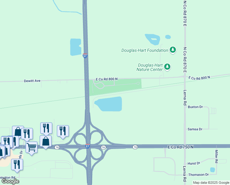 map of restaurants, bars, coffee shops, grocery stores, and more near Lincoln Prairie Grass Trail in Mattoon