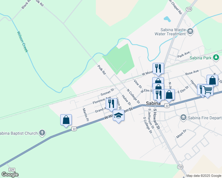 map of restaurants, bars, coffee shops, grocery stores, and more near 23 Sooner Street in Sabina