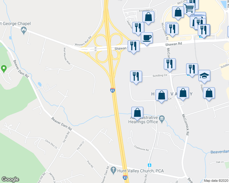 map of restaurants, bars, coffee shops, grocery stores, and more near Interstate 83 in COCKYSVIL