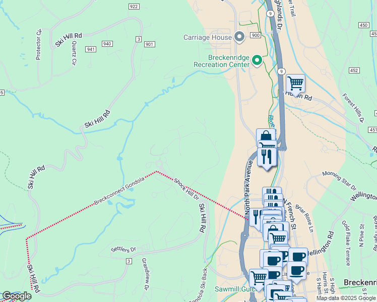 map of restaurants, bars, coffee shops, grocery stores, and more near 67 Brooks and Snider Road in Breckenridge