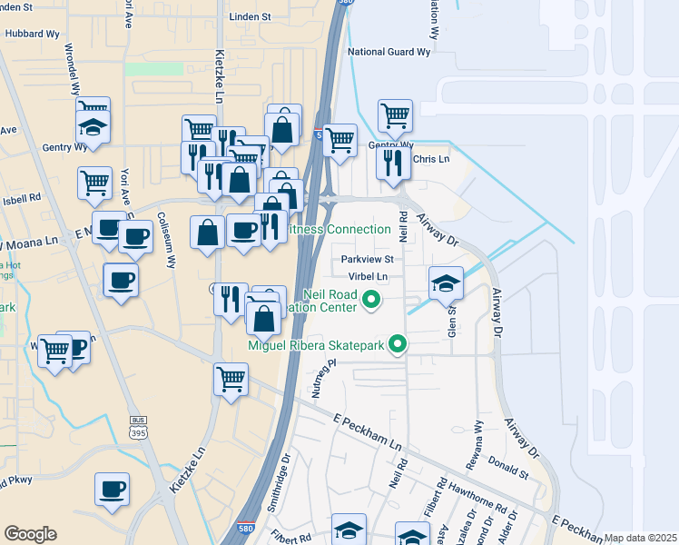 map of restaurants, bars, coffee shops, grocery stores, and more near 3635 Kindred Avenue in Reno