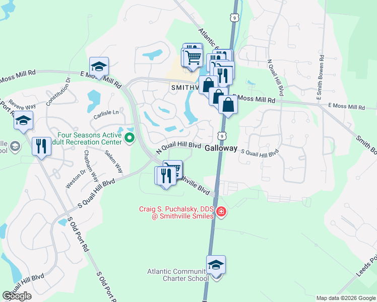 map of restaurants, bars, coffee shops, grocery stores, and more near 50 Steeds Street in Galloway