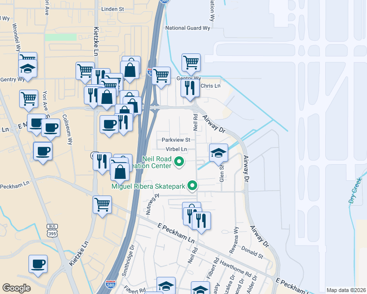 map of restaurants, bars, coffee shops, grocery stores, and more near 1260 Parkview Street in Reno