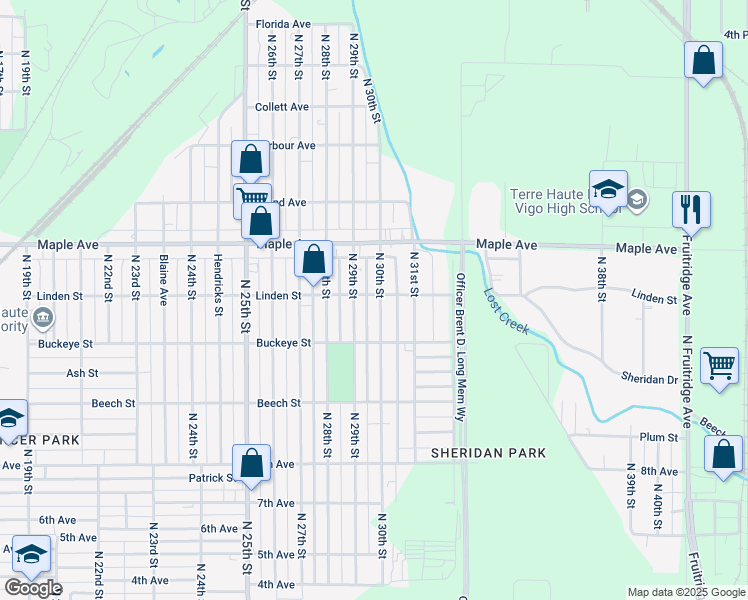 map of restaurants, bars, coffee shops, grocery stores, and more near 2042 North 30th Street in Terre Haute