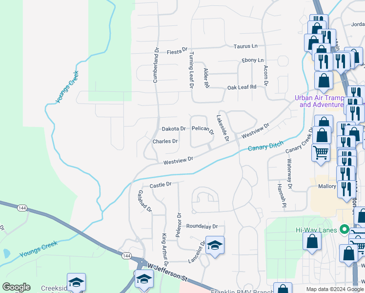 map of restaurants, bars, coffee shops, grocery stores, and more near 1241 Hague Court in Franklin