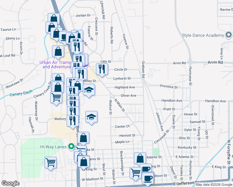 map of restaurants, bars, coffee shops, grocery stores, and more near 1025 North Main Street in Franklin