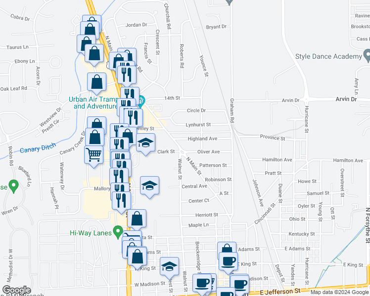map of restaurants, bars, coffee shops, grocery stores, and more near 1025 North Main Street in Franklin