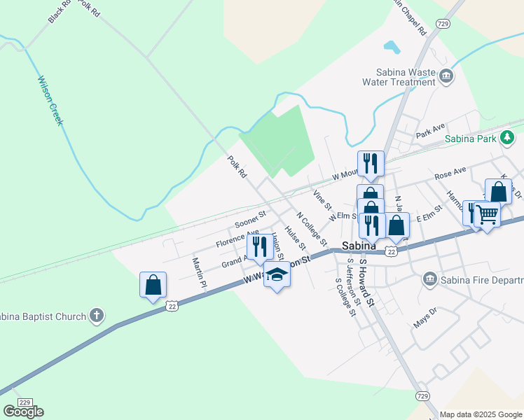 map of restaurants, bars, coffee shops, grocery stores, and more near 23 Sooner Street in Sabina