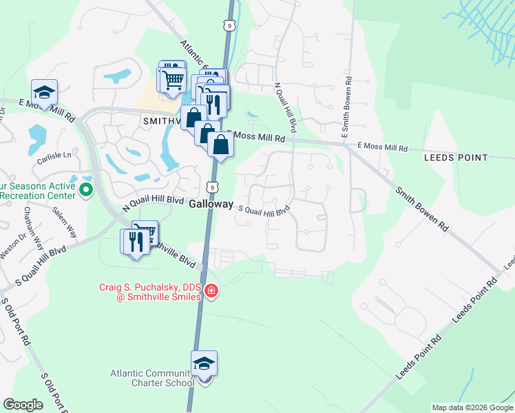 map of restaurants, bars, coffee shops, grocery stores, and more near 721 Cooper Ferry Court in Galloway