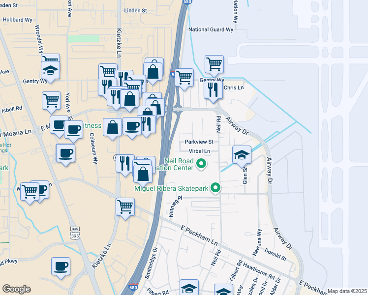 map of restaurants, bars, coffee shops, grocery stores, and more near 901 Virbel Lane in Reno