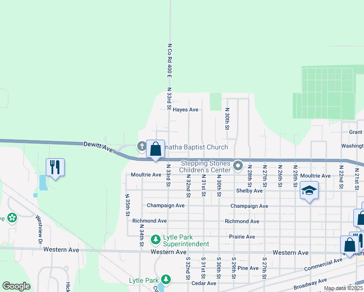 map of restaurants, bars, coffee shops, grocery stores, and more near 3232 Piatt Avenue in Mattoon