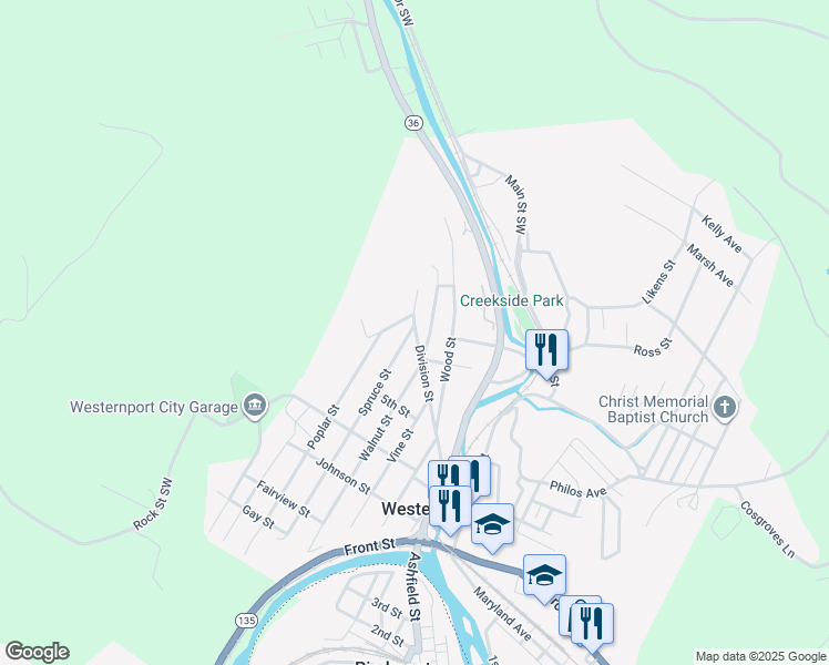 map of restaurants, bars, coffee shops, grocery stores, and more near 467 Spruce Street in Westernport