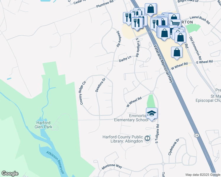 map of restaurants, bars, coffee shops, grocery stores, and more near 401 Tall Sycamore Court in Bel Air
